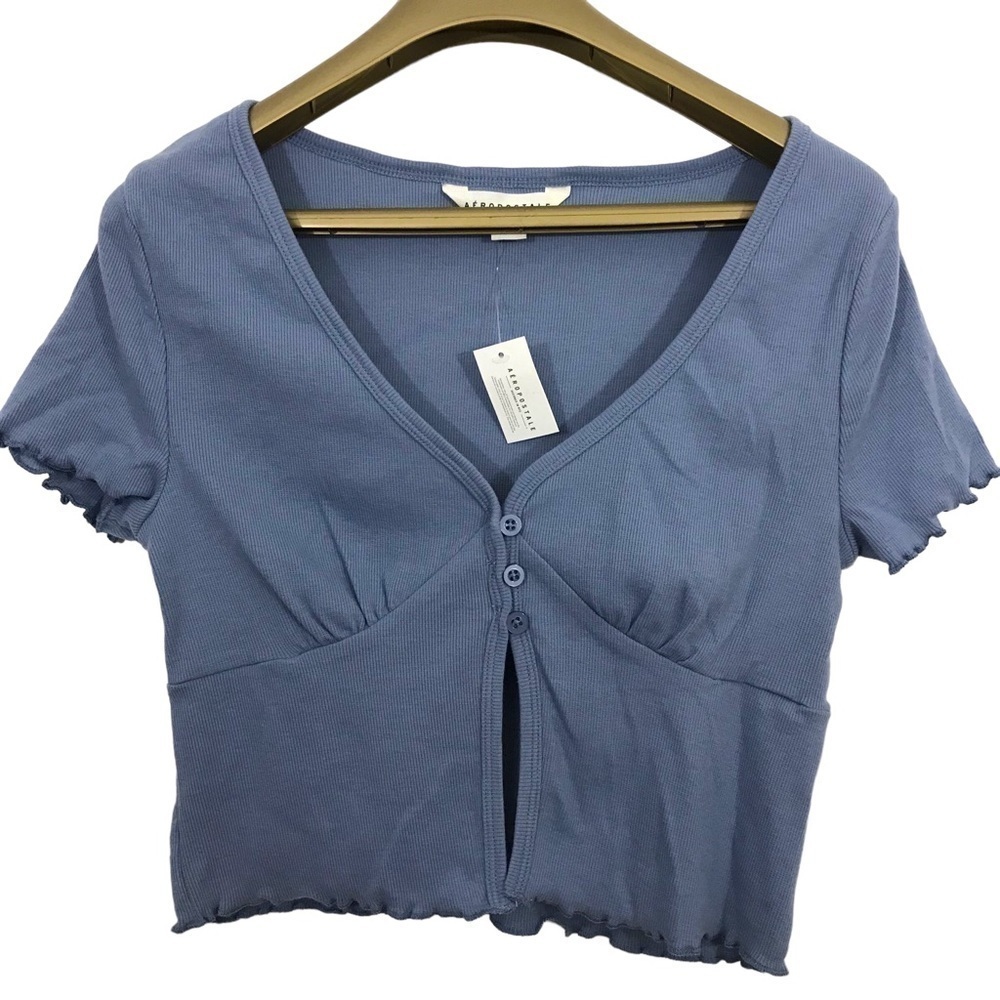 Aeropostale Crop Ribbed Frill Hems V Neck Button Closure Top NEW
